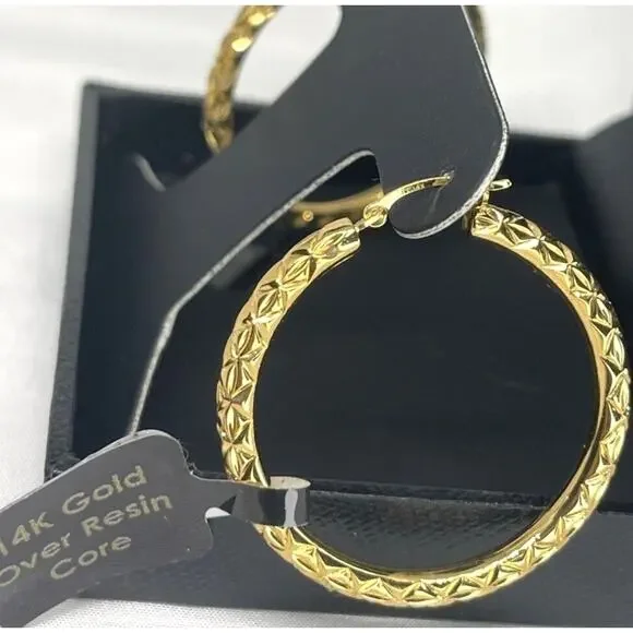 14K Gold Over Resin Hoop Diamond Cut Earrings Style Stunning Trendy Fashion NEW